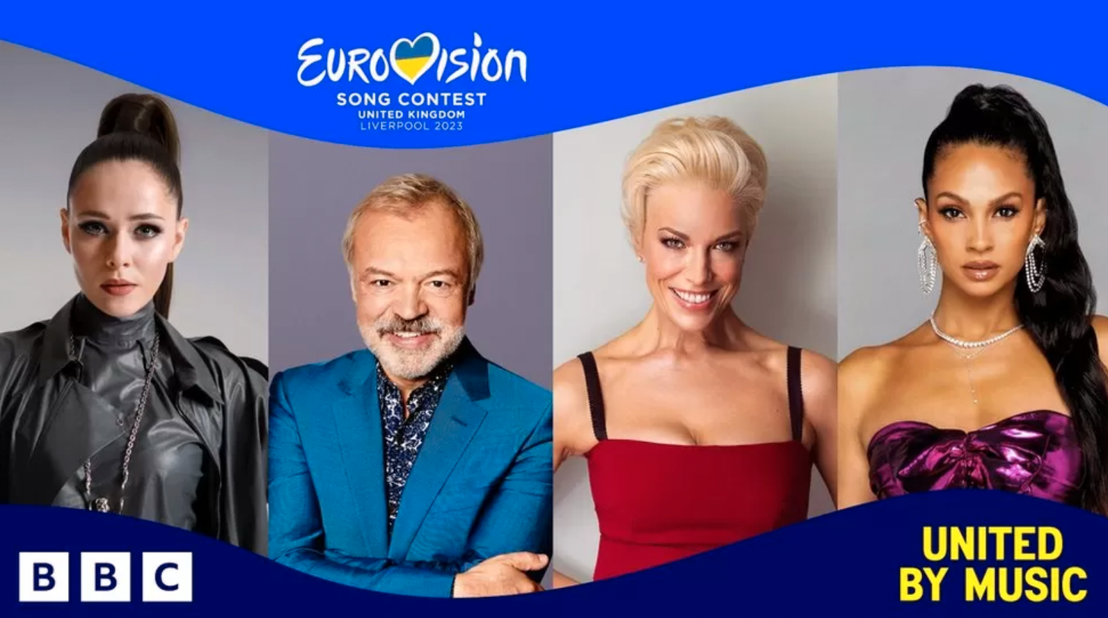 Julia Sanina, Graham Norton, Hannah Waddingham och Alesha Dixon leder Eurovision song contest i Liverpool.