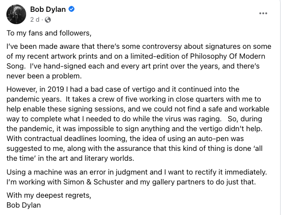 Bob Dylans meddelande till fansen.