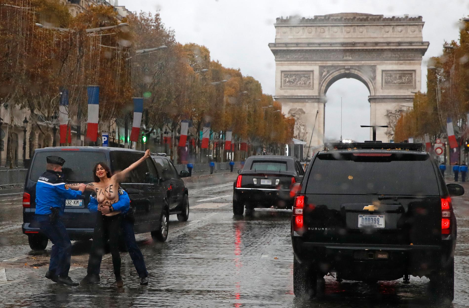 En kvinnlig demonstrant förs bort av polisen från förstavärldskrigsceremonin i Paris.