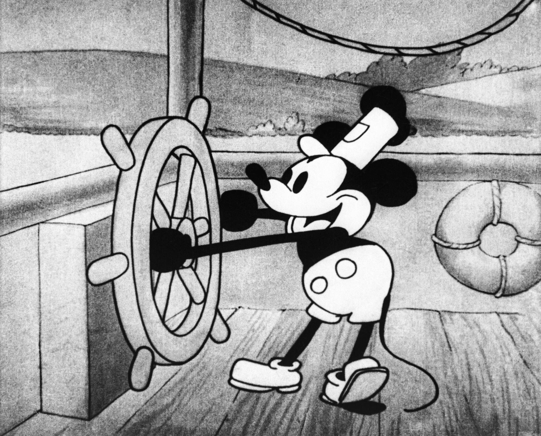 Musse Pigg introducerades första gången i den åtta minuter långa, svartvita filmen "Musse Pigg som Ångbåtskalle" från 1928. Arkivbild.