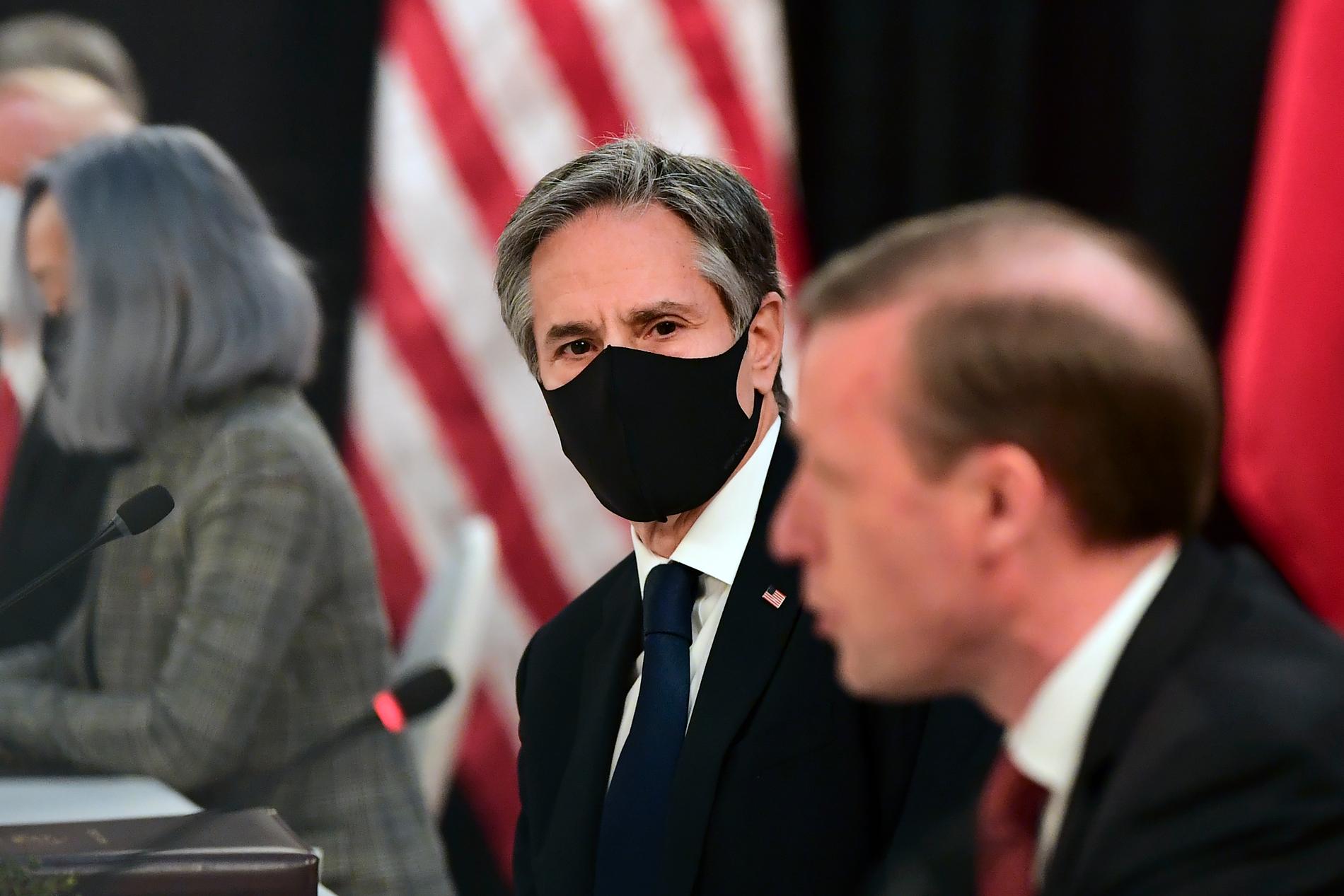 USA:s utrikesminister Antony Blinken under mötet i Alaska.