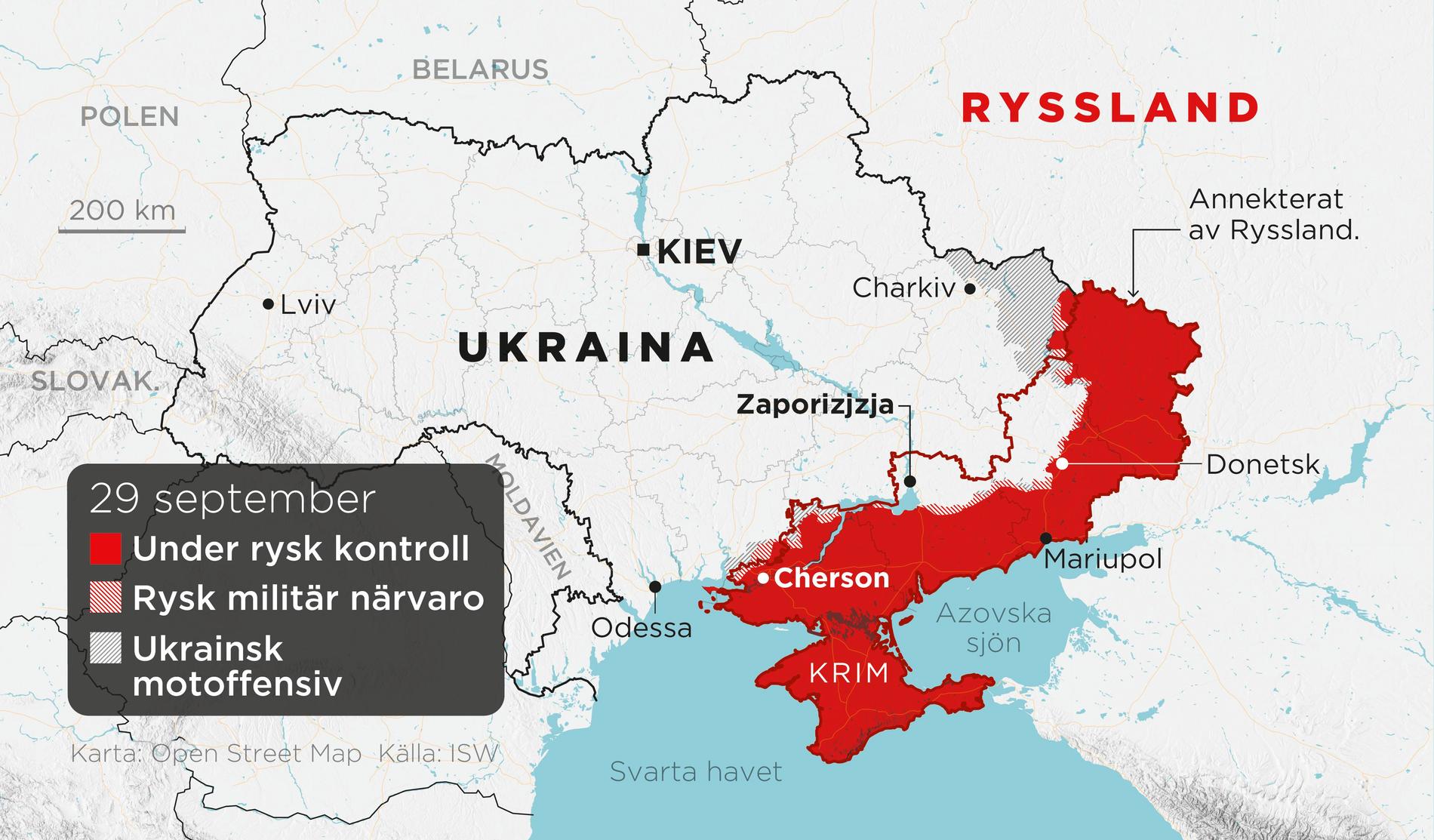 Områden under rysk kontroll, områden med rysk militär närvaro, ukrainska motoffensiver samt annekterade områden, den 29 september.
