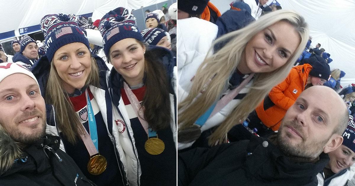 MITT BLAND STJÄRNORNA: Till vänster: Niklas med två av guldhjältarna i USA:s hockeylag, Meghan Duggan och Nicole Hensley. Till höger: Med Lindsey Vonn.