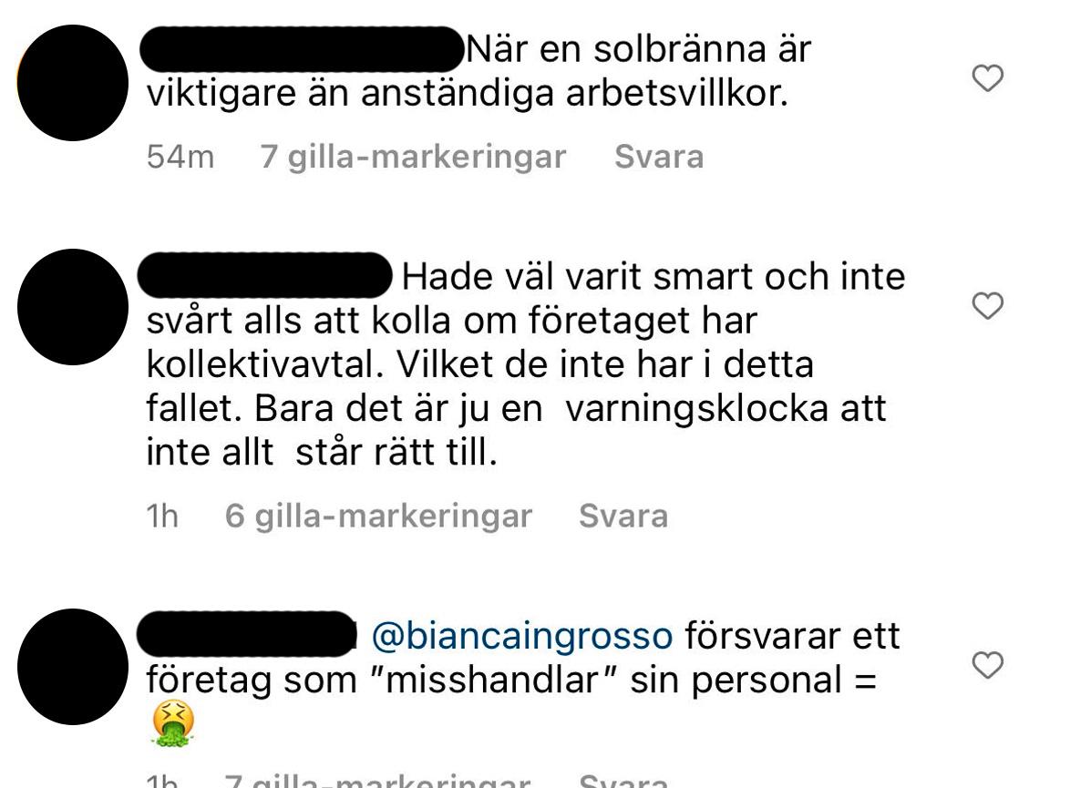 Kommentarsfält på Bianca Ingrossos Instagram.