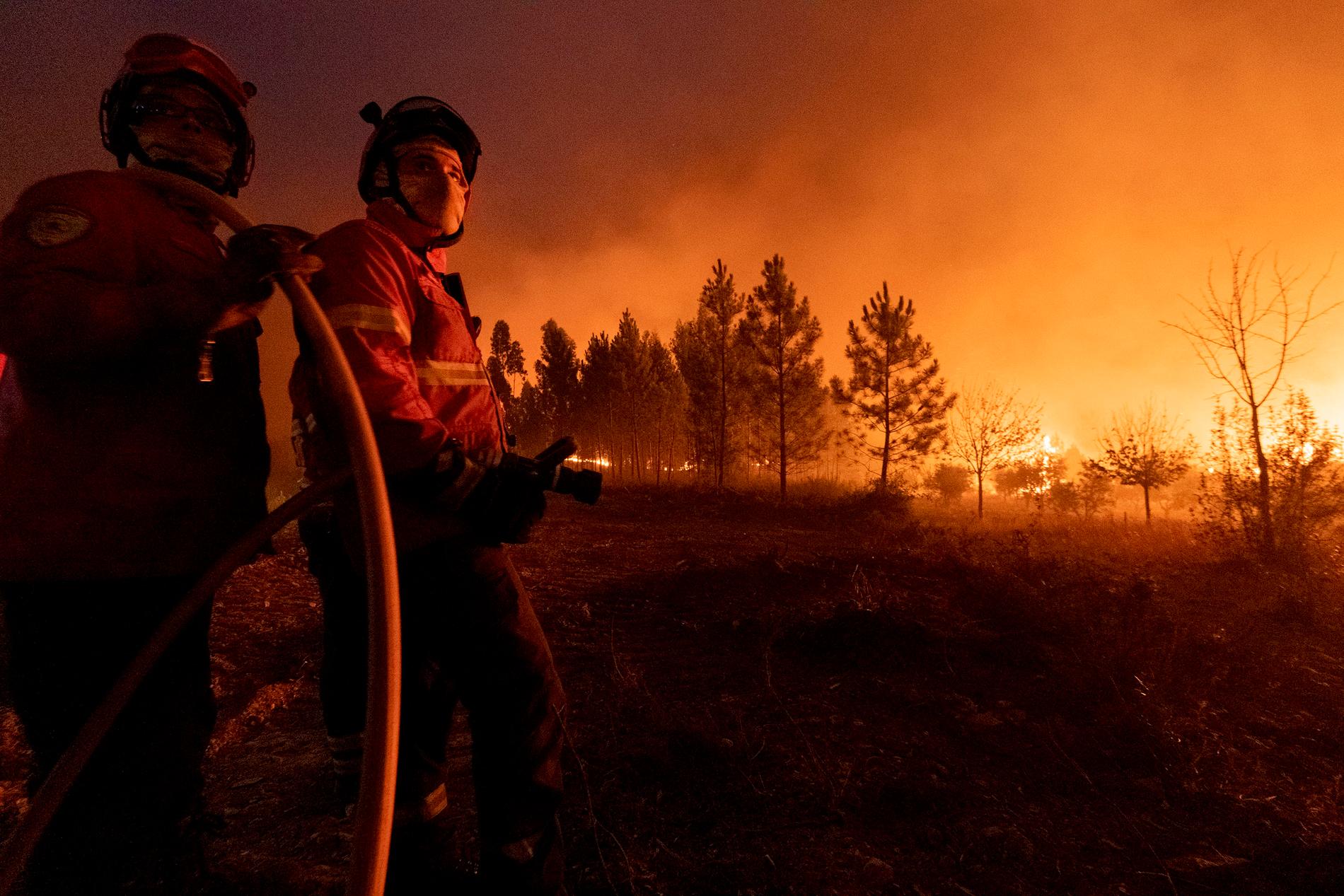 Brandmän kämpar mot lågorna nära byn Cardigos i centrala Portugal 21 juli.