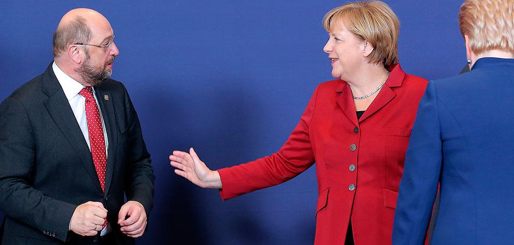 RIVALER De tyska socialdemokraterna, SPD, hoppas att Martin Schulzs kandidatur till ordförande för EU-kommissionen ska dominera valet i maj. Då slipper de slåss öppet i valrörelsen med sina rivaler, Angela Merkels kristdemokraterna – som de också sitter i regering med.