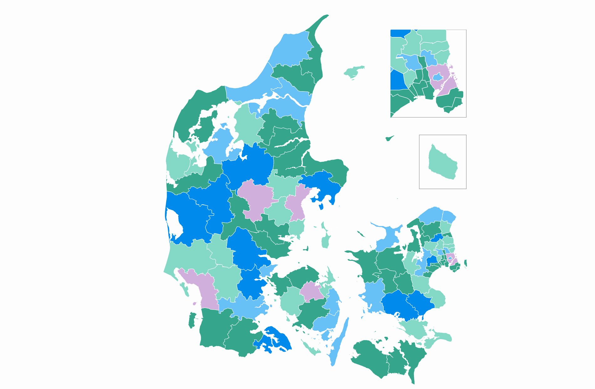 Kartan visar hur många som återvandrade frivilligt från Danmark 2022 - sammanlagt 315 personer. De lila fälten visar kommuner där fler än 10 personer återvänt till sina ursprungsländer, med bidrag enligt den danska repatrieringslagen. 