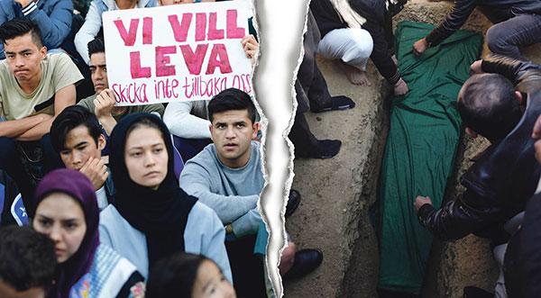 Ungdomarna från Afghanistan har flytt från sina hem för att de vill slippa vara rädda, vill få leva, ha en framtid, känna hopp. Och vi kan ge dem det, skriver 253 lärare runt om i landet i ett gemensamt upprop. Till vänster manifestationen på Medborgarplatsen i Stockholm. Till höger en begravning av offer för en självmordsbombare i Kabul tidigare i år. Minst 19 personer dödades.