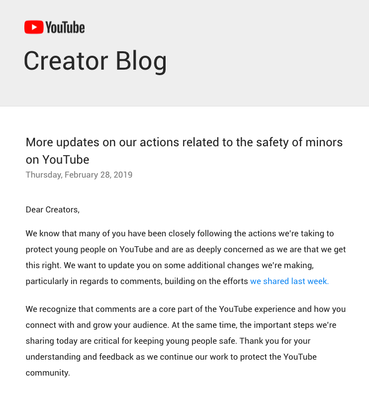 Youtube stänger av alla kommentarsfält med vioklipp på barn.