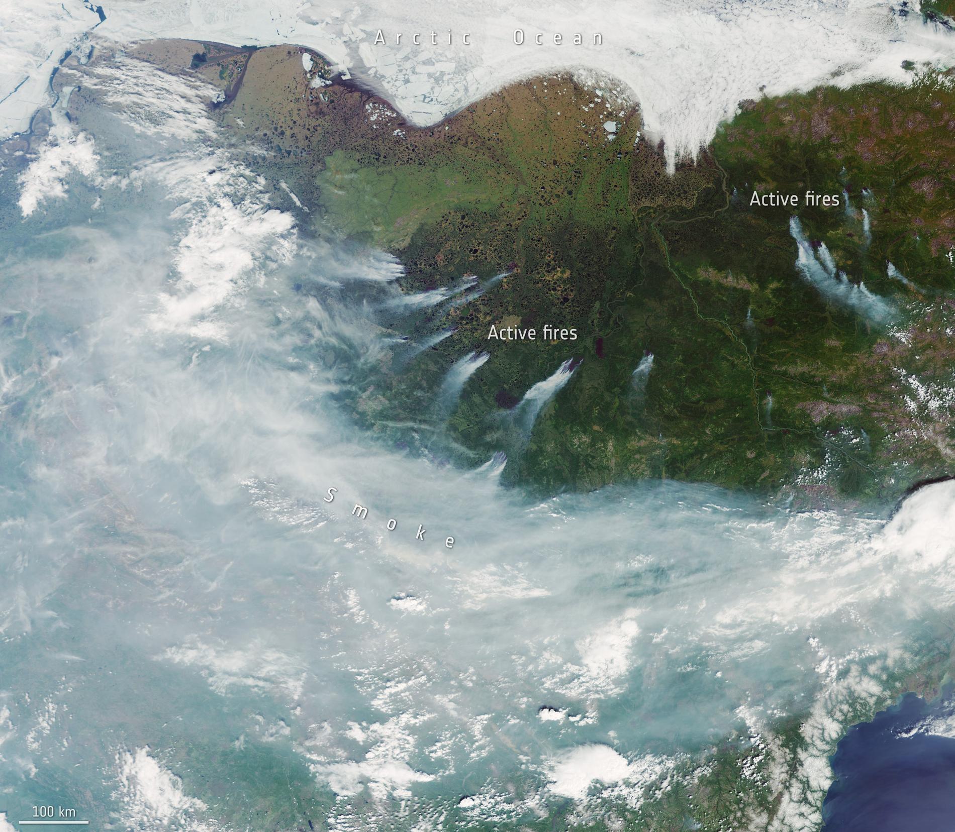 Skogsbränder i Sibirien den 23 juni.
