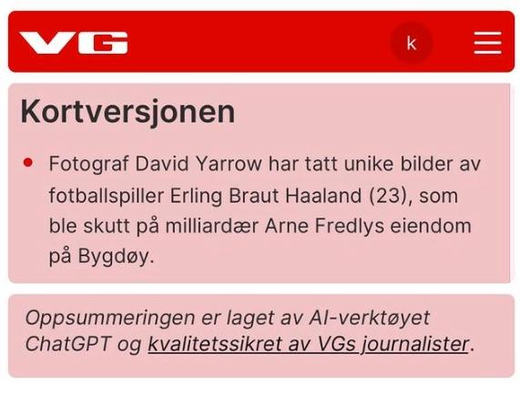 AI-sammanfattningen norska tidningen VG.