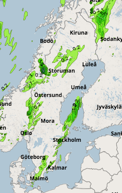 SMHI:s nederbördskarta, fredag klockan 18.00.