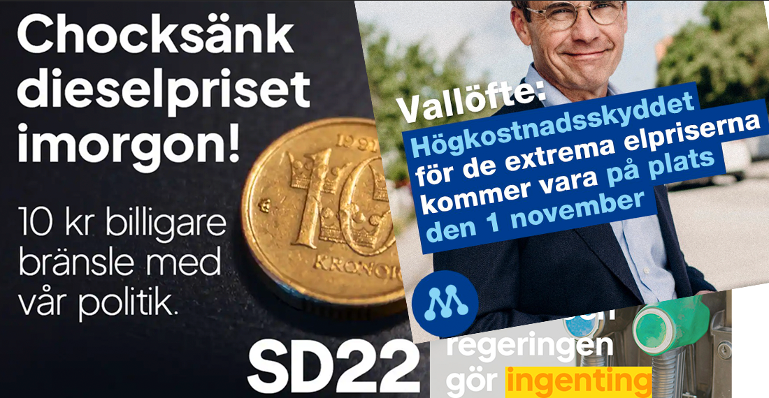 Några av de annonser som Sverigedemokraterna och Moderaterna spred i sociala medier under valrörelsen.