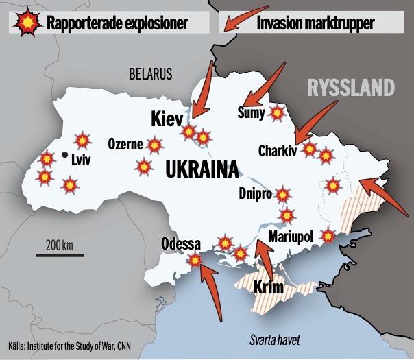 Karta över Ukraina som visar rapporterade explosioner och invaderande marktrupper fredagen den 22 februari.