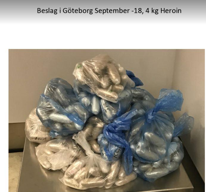 Knarket har smugglats in i Sverige via bil och tåg, både i kurirers väskor och genom att kurirerna svalt narkotikan. Bilden från ett beslag i Göteborg på 18,4 kilo heroin.