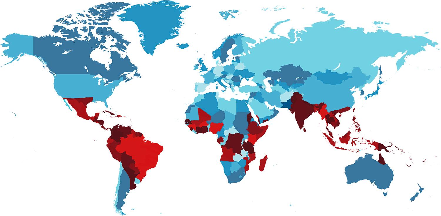 Det röda visar denguedrabbade områden.