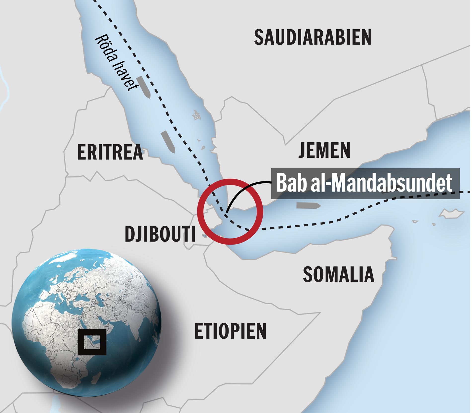 I det här området, i Röda havet och Adenviken, har fraktfartyg blivit attackerade på väg till eller från Suezkanalen. Den mest utsatta platsen är det trånga Bab al-Mandabsundet mellan Djibouti och Jemen.