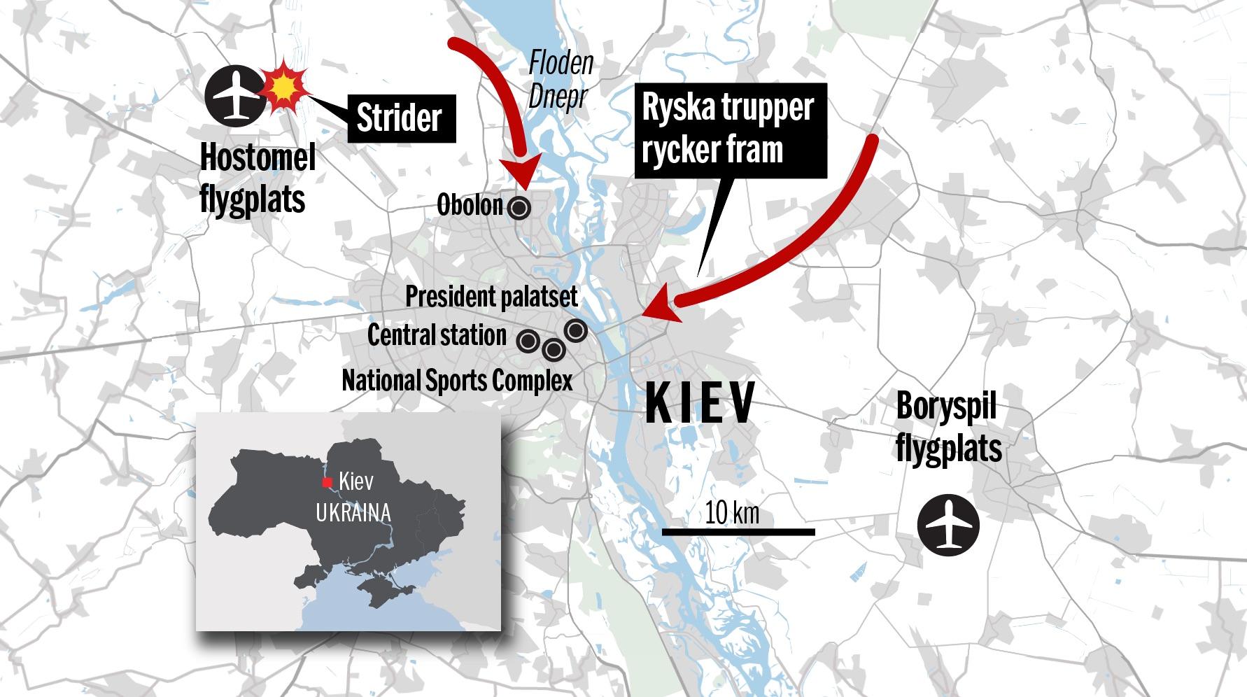 Karta över ukrainska huvudstaden Kiev, som visar var ryska trupper trängde fram under fredagen.