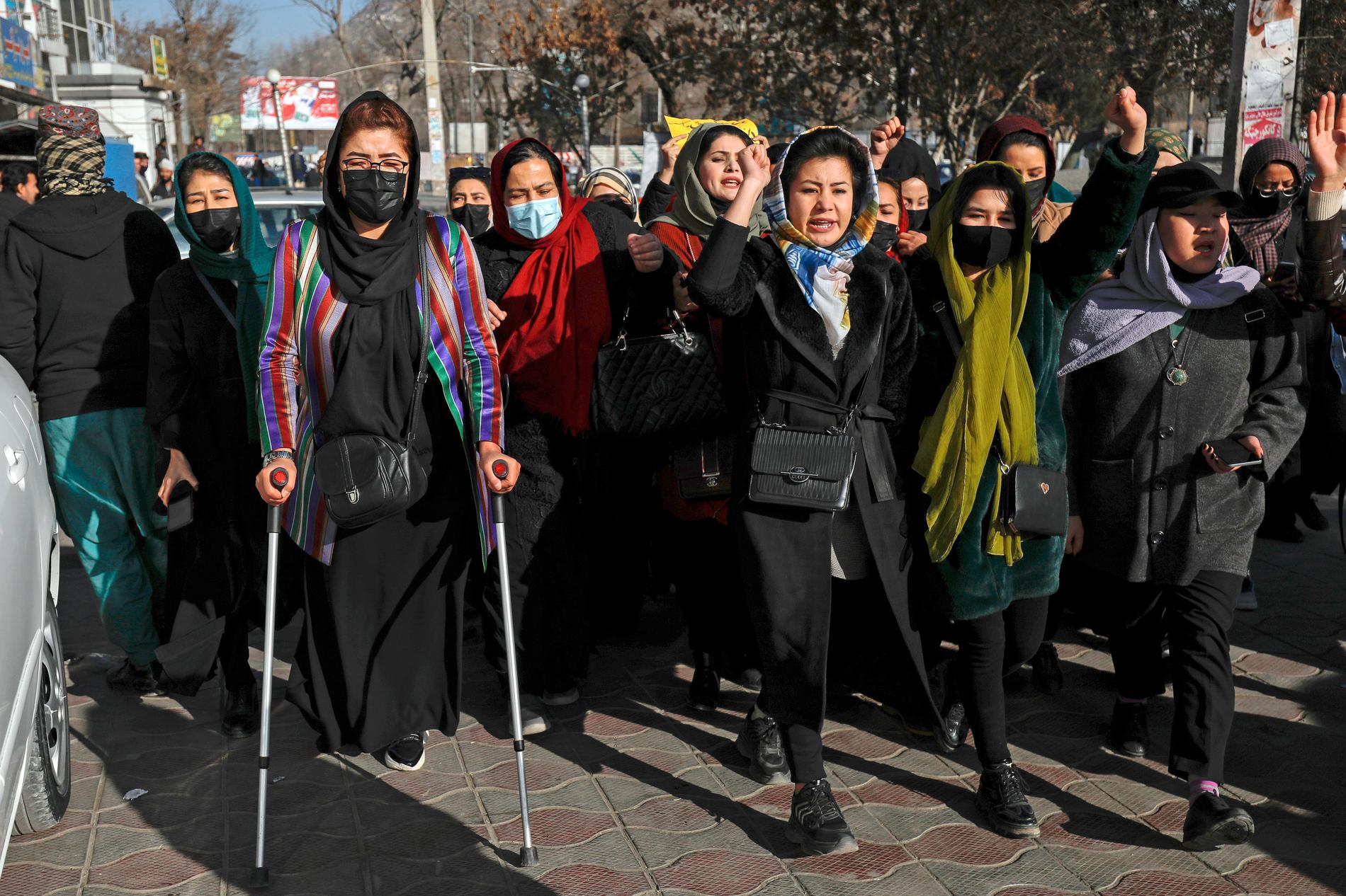 Afghanska kvinnor demonstrerar i Kabul mot talibanregimens beslut att porta kvinnor från högre utbildning.