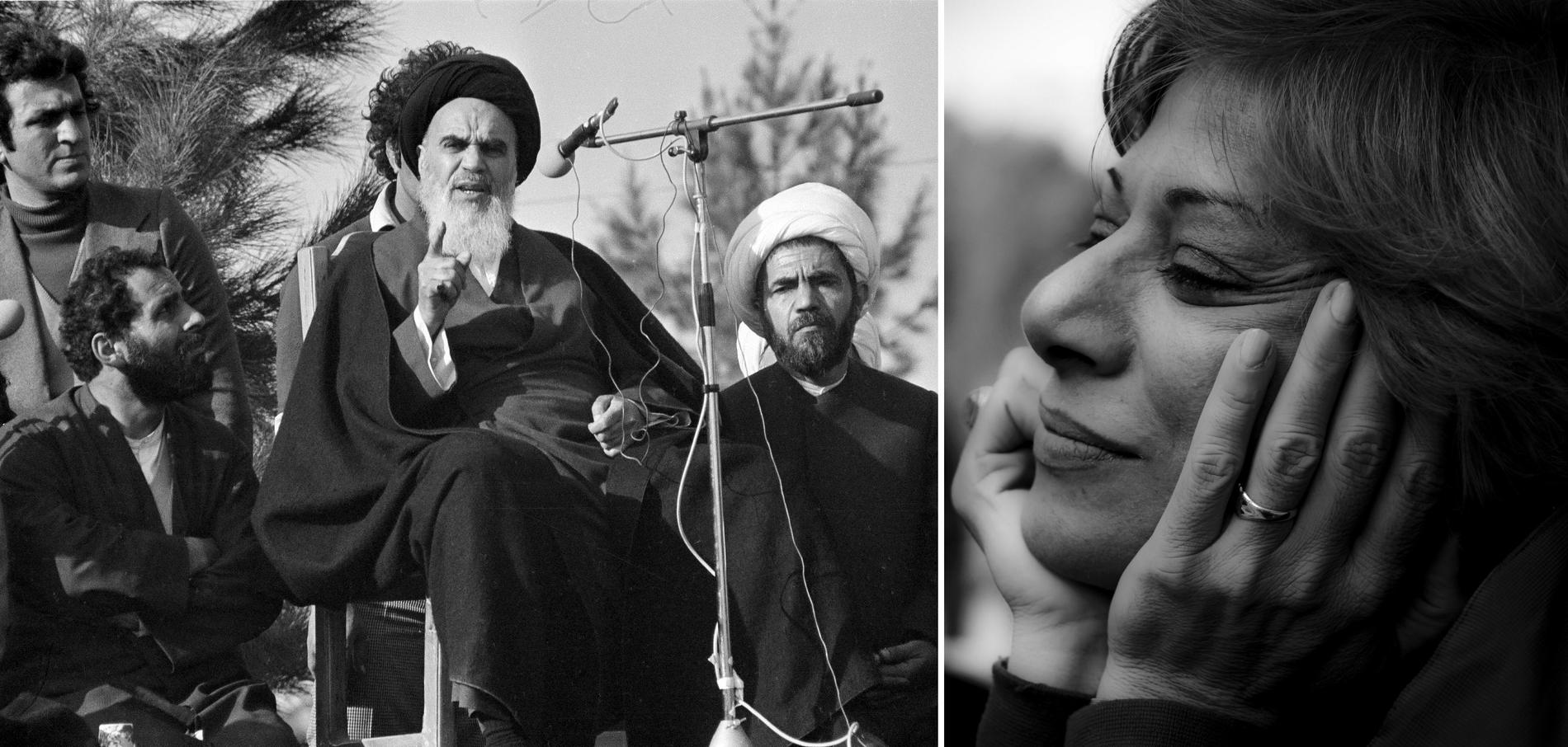 Ayatollah Khomeini efter återkomsten till Teheran 1979. Till höger: Parinoush Saniee.