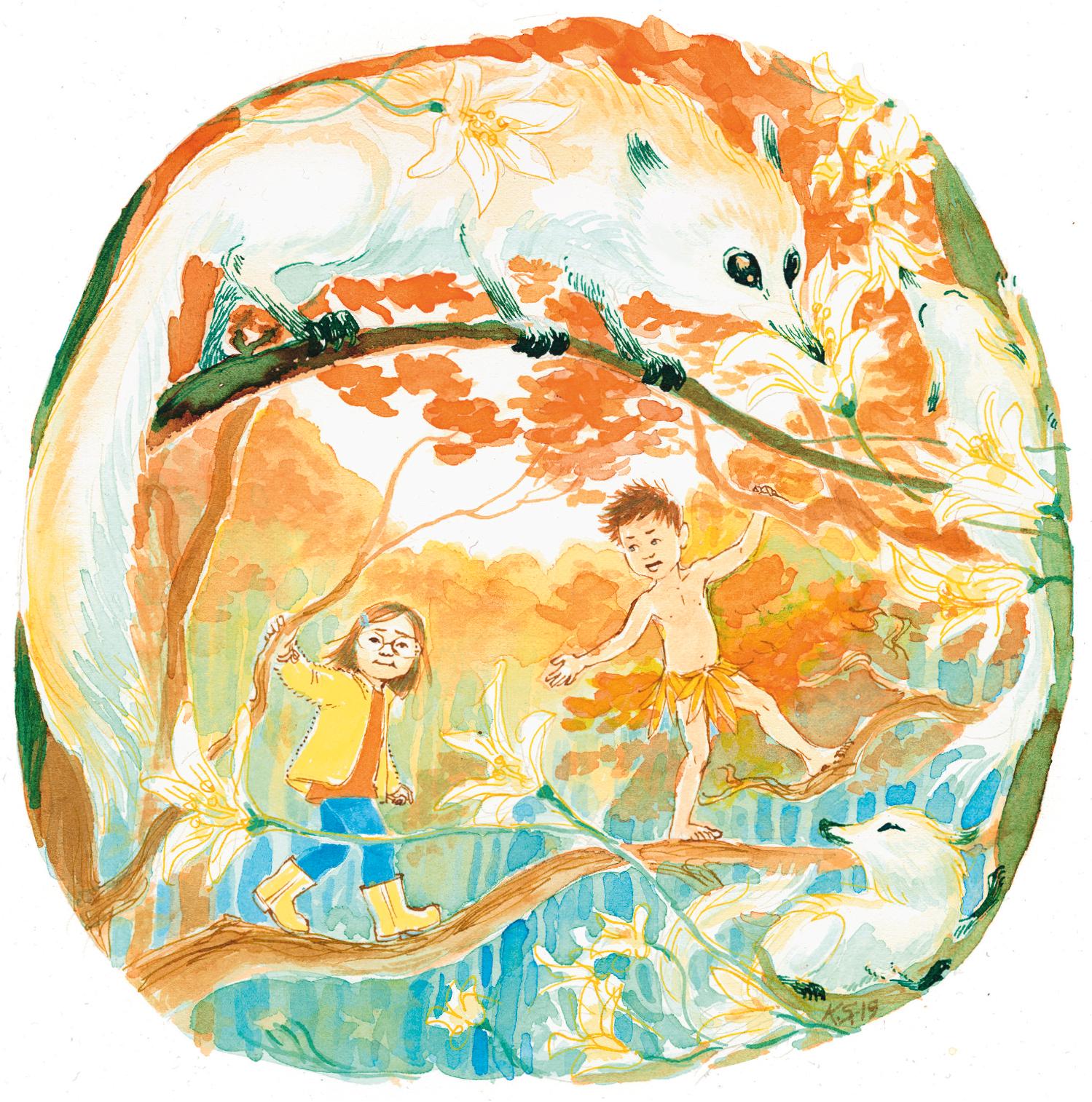 Illustration från sagan ”Barnen i trädet” av Ylva Karlsson.