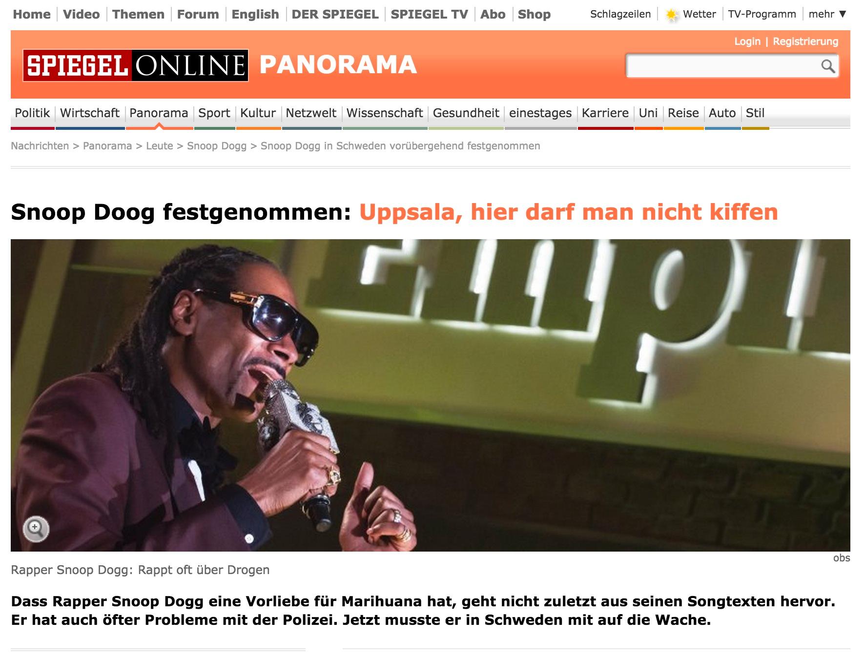 Der Spiegel Snoop Doog tagen av polis: Uppsala, här får man inte röka hasch