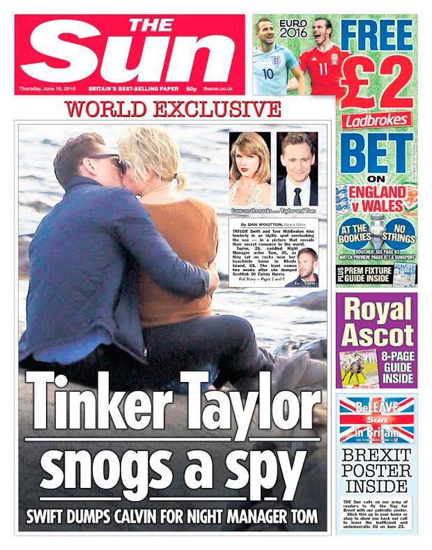 Brittiska The Sun var bland de första att avslöja romansen mellan Taylor Swift och Tom Hiddleston i juni.