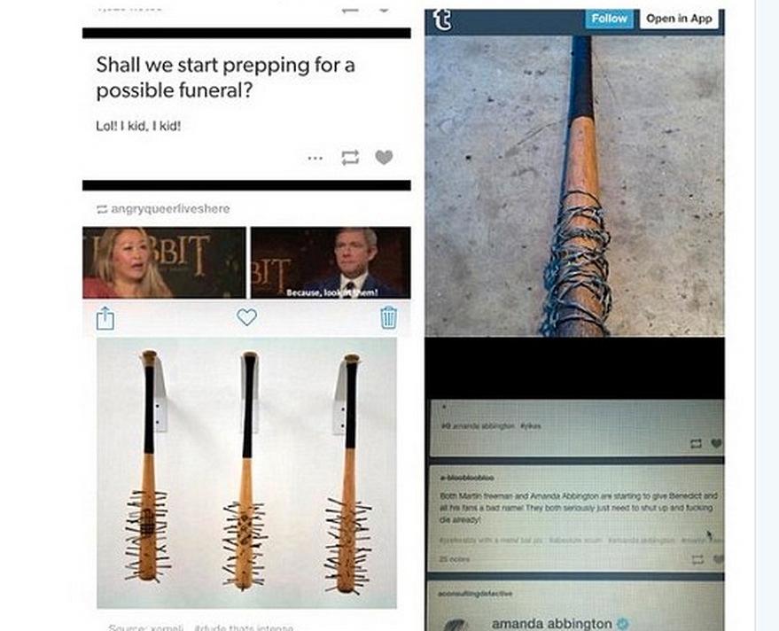 Abbington publicerade själv skärmdumpar av dödshoten i sociala medier.