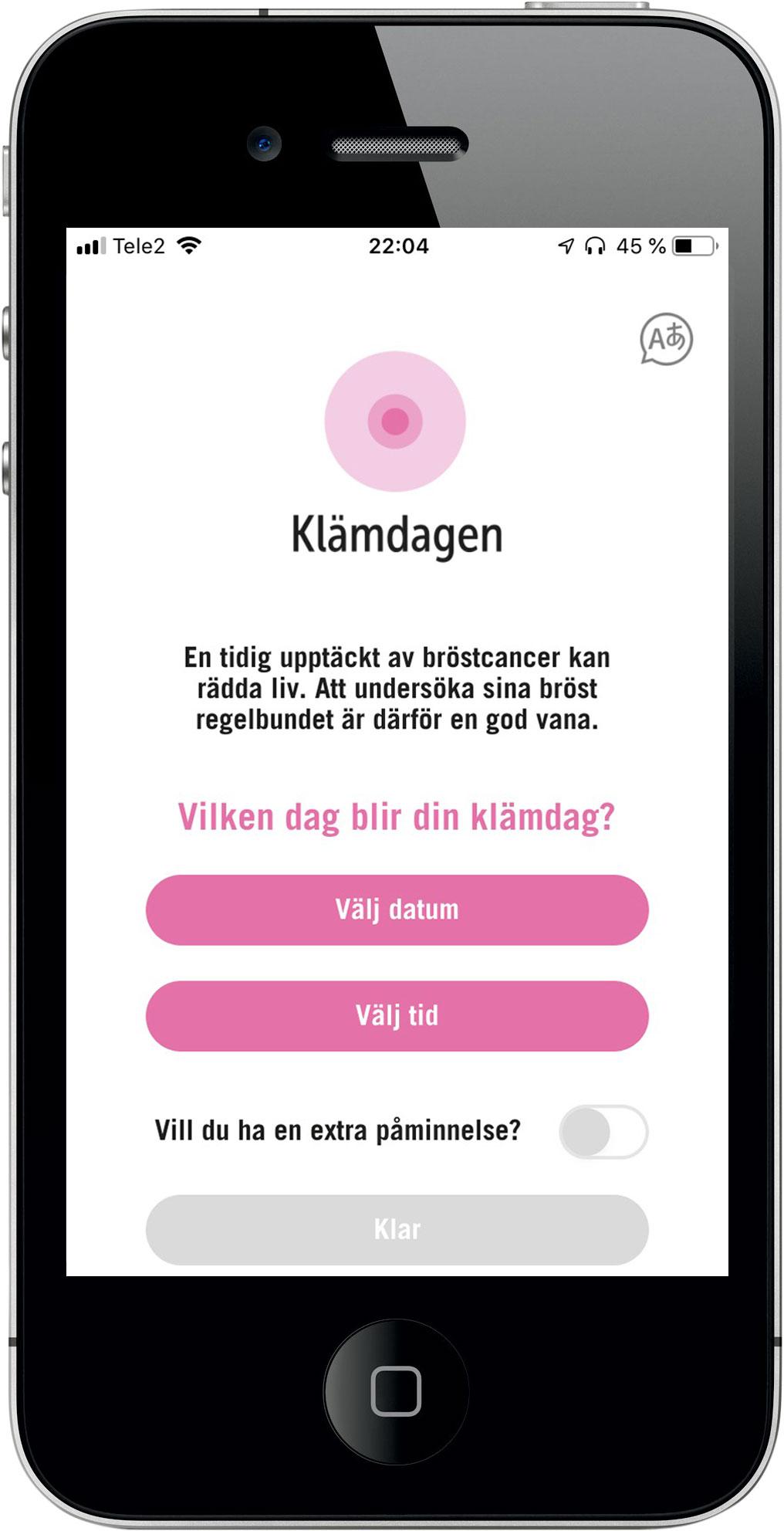 Bröstcancerförbundet tagit fram en app, Klämdagen, som påminner kvinnor om att undersöka  sina bröst en gång i månaden och instruerar hur man gör.