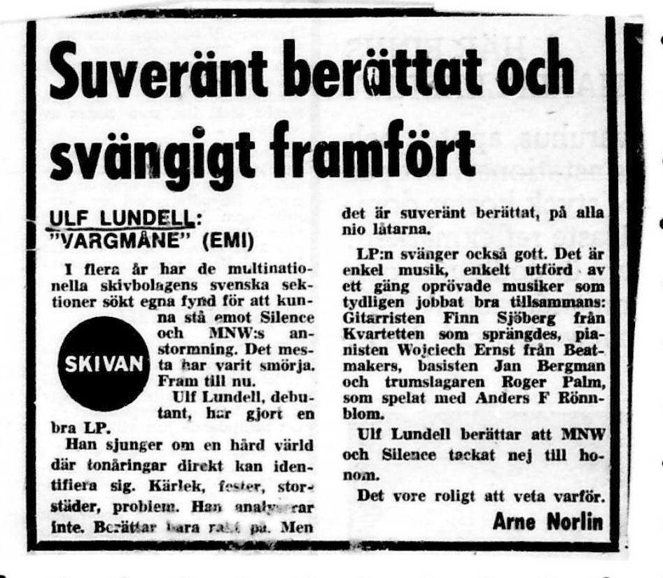Recension av ”Vargmåne” ur Aftonbladet 4 oktober 1975