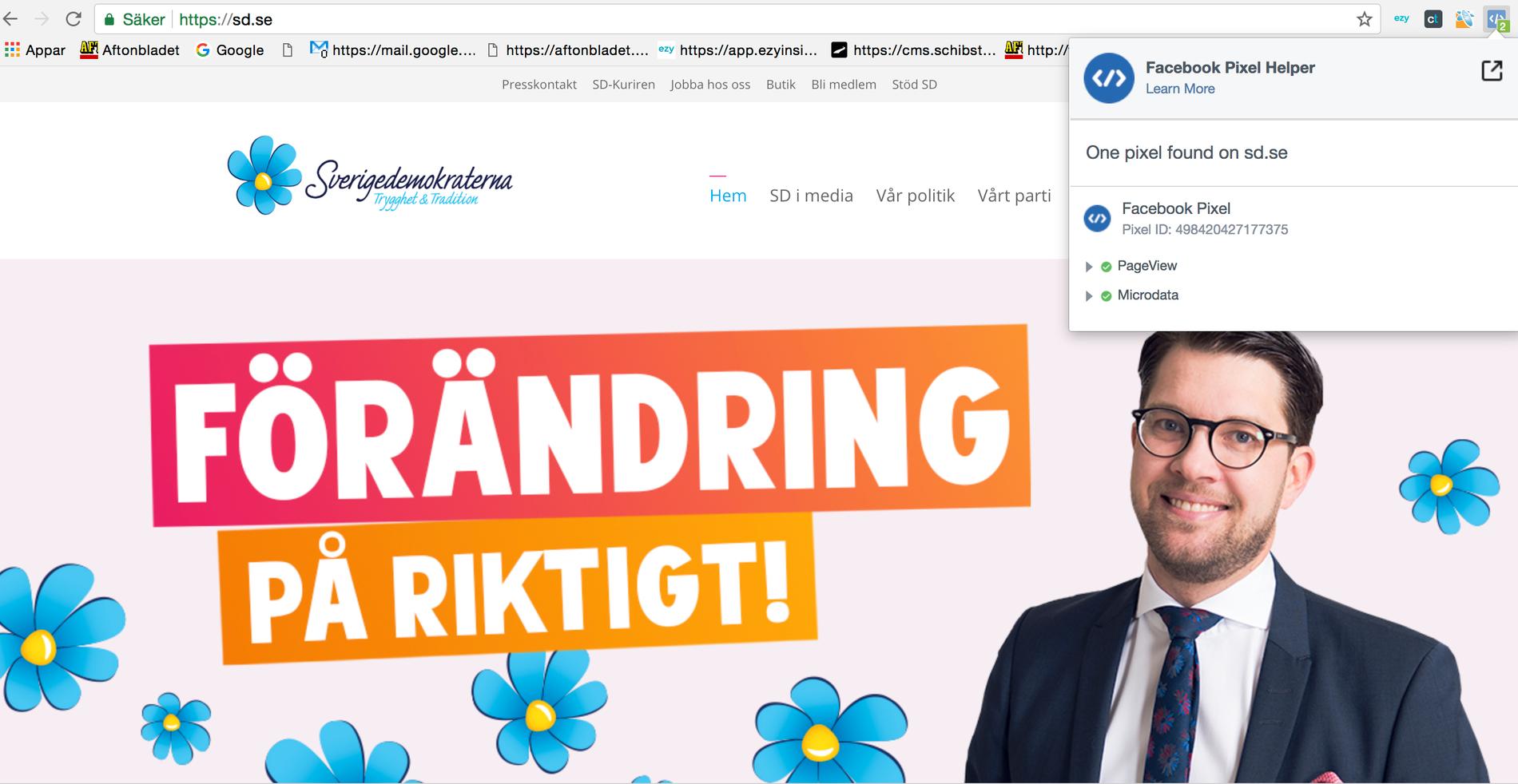 Bilden visar att Sverigedemokraterna.se har en Facebook-pixel på sin sida.