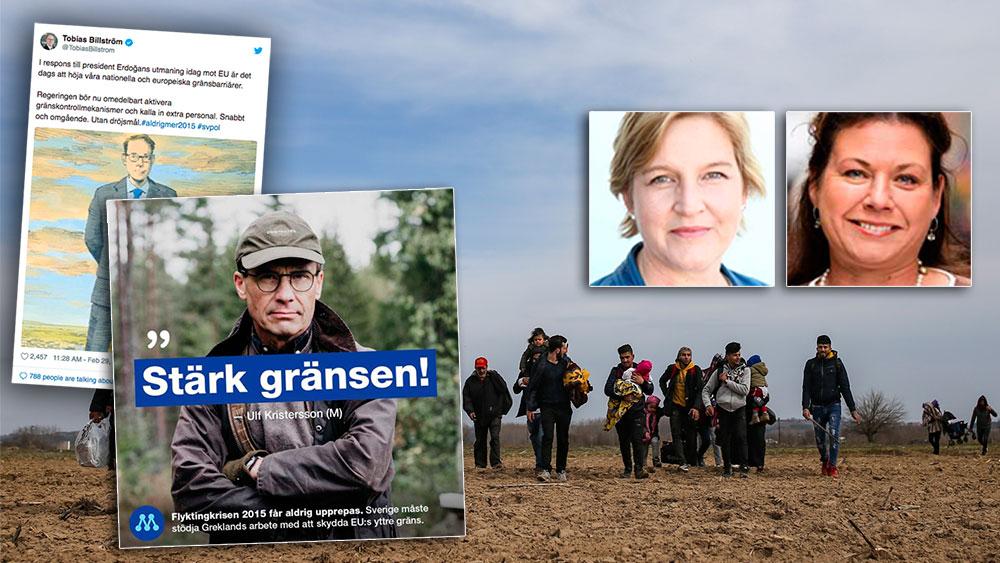 Både Tobias Billströms tweet och bilden på Ulf Kristersson i jaktkläder signalerar att det absolut viktigaste för dem är att till varje pris hindra flyktingar från att ta sig hit. Det är ovärdigt, skriver Karin Karlsbro och Tina Acketoft.