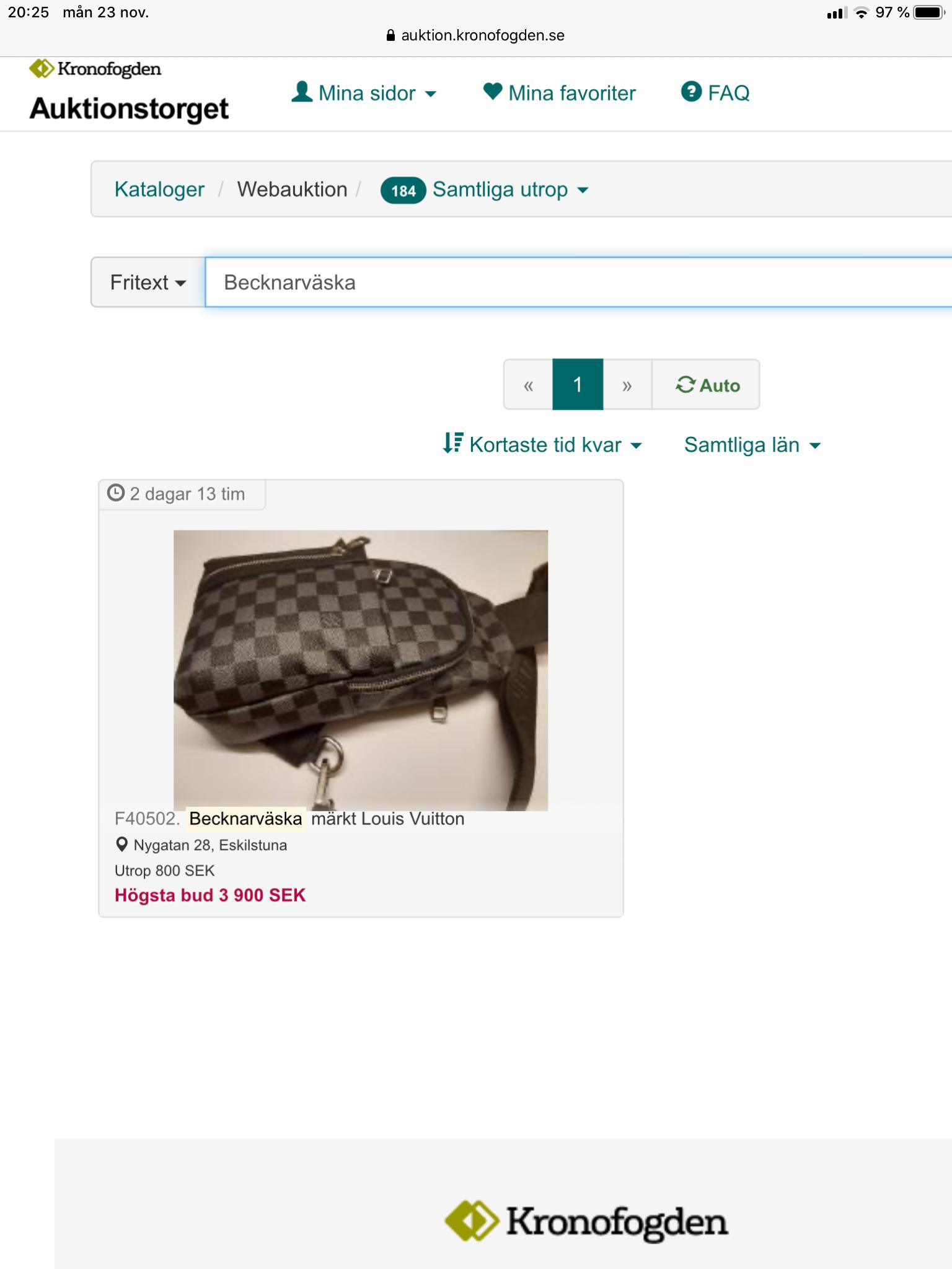 Skärmdump från Kronofogdens hemsida när de auktionerade ut ”becknarväskan”.