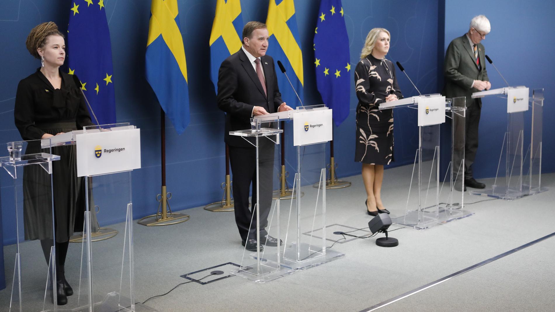 Pressträff med kulturminister Amanda Lind, statsminister Stefan Löfven, socialminister Lena Hallengren och Johan Carlson, chef på Folkhälsomyndigheten.