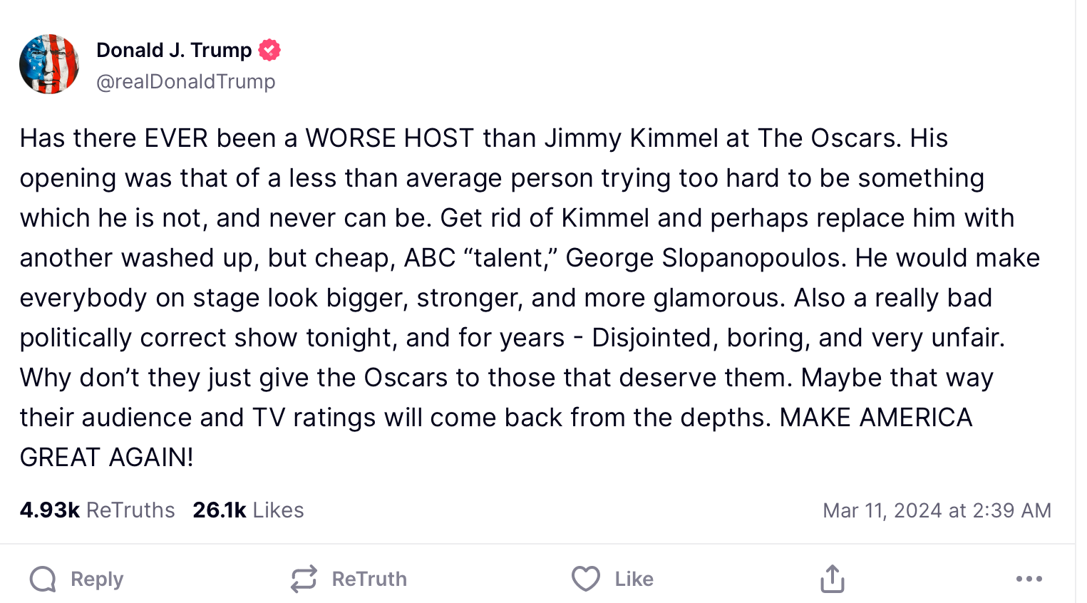 Donald Trump sågade Jimmy Kimmels insats som värd för Oscarsgalan.