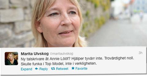 Marita Ulsvskogs tvittermeddelande skapade en diskussion i sociala medier. Många dömde ut Ulvskogs utspel.