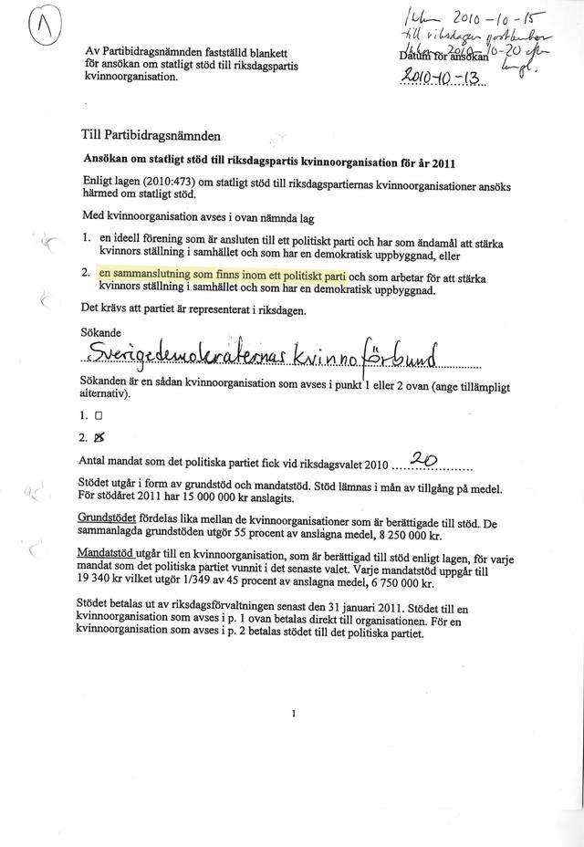 1. Ansökan. Den 13 oktober 2010 skickade Sverigedemokraterna in en ansökan om bidrag för ett fiktivt kvinnoförbund till riksdagens Partibidragsnämnd. För att skattepengarna skulle gå direkt till partikassan uppgav de att kvinnoförbundet var en "sammanslutning inom partiet", på så sätt skulle pengarna gå rakt in i partikassan och inte vara öronmärkta för den kvinnofrämjande verksamheten. Handlingarna undertecknades av partiledare Jimmie Åkesson och ekonomichefen Per Björklund. I själva verket fanns inget kvinnoförbund inom Sverigedemokraterna vid den här tidpunkten.