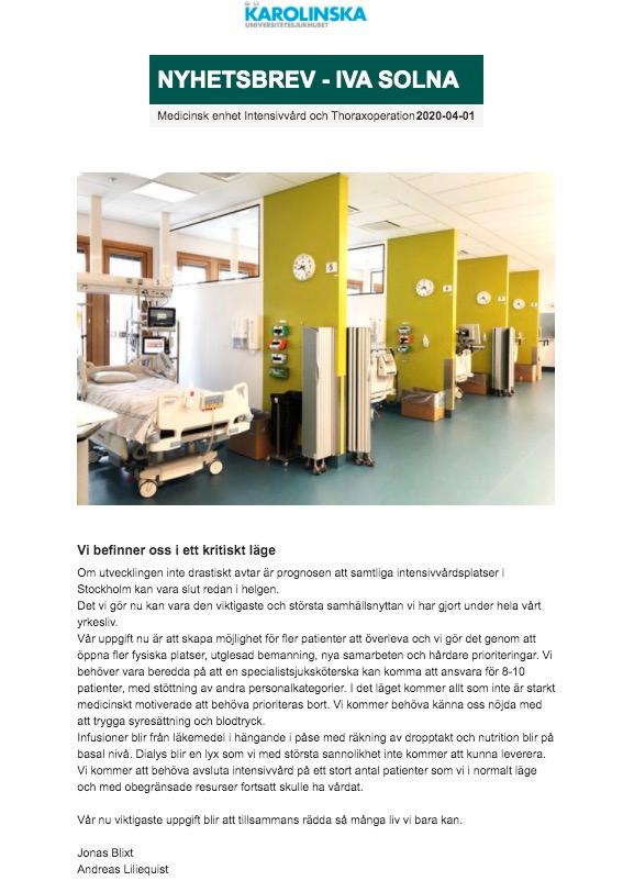 Det interna nyhetsbrevet gick ut till personalen på intensivvårdsavdelningen i Solna den 1 april.