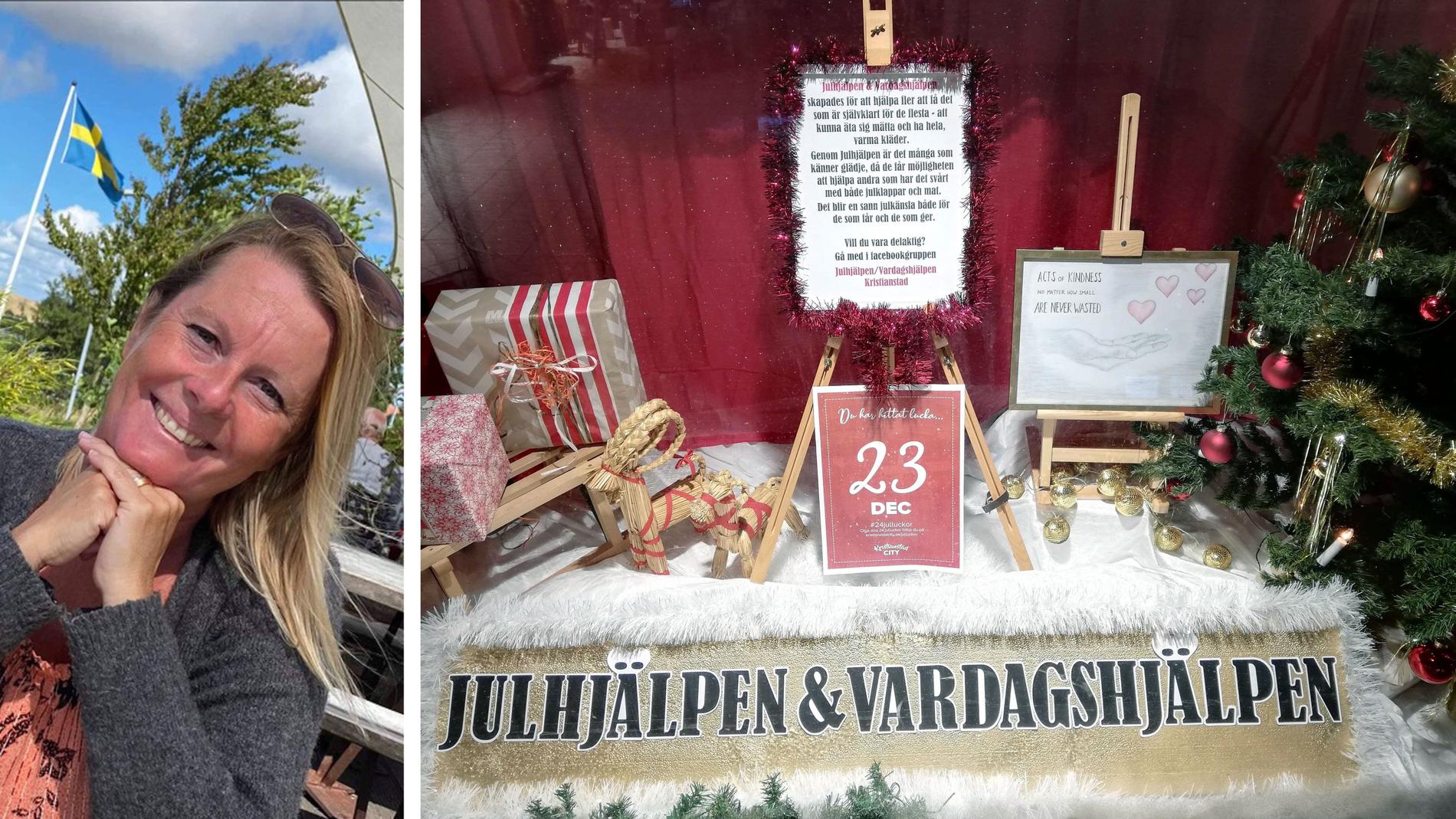 Helena Bergh och skyltfönstret som Julhjälpen och Vardagshjälpen i Kristianstad pyntat i år för att skapa uppmärksamhet kring sin verksamhet för de utsatta i samhället. 