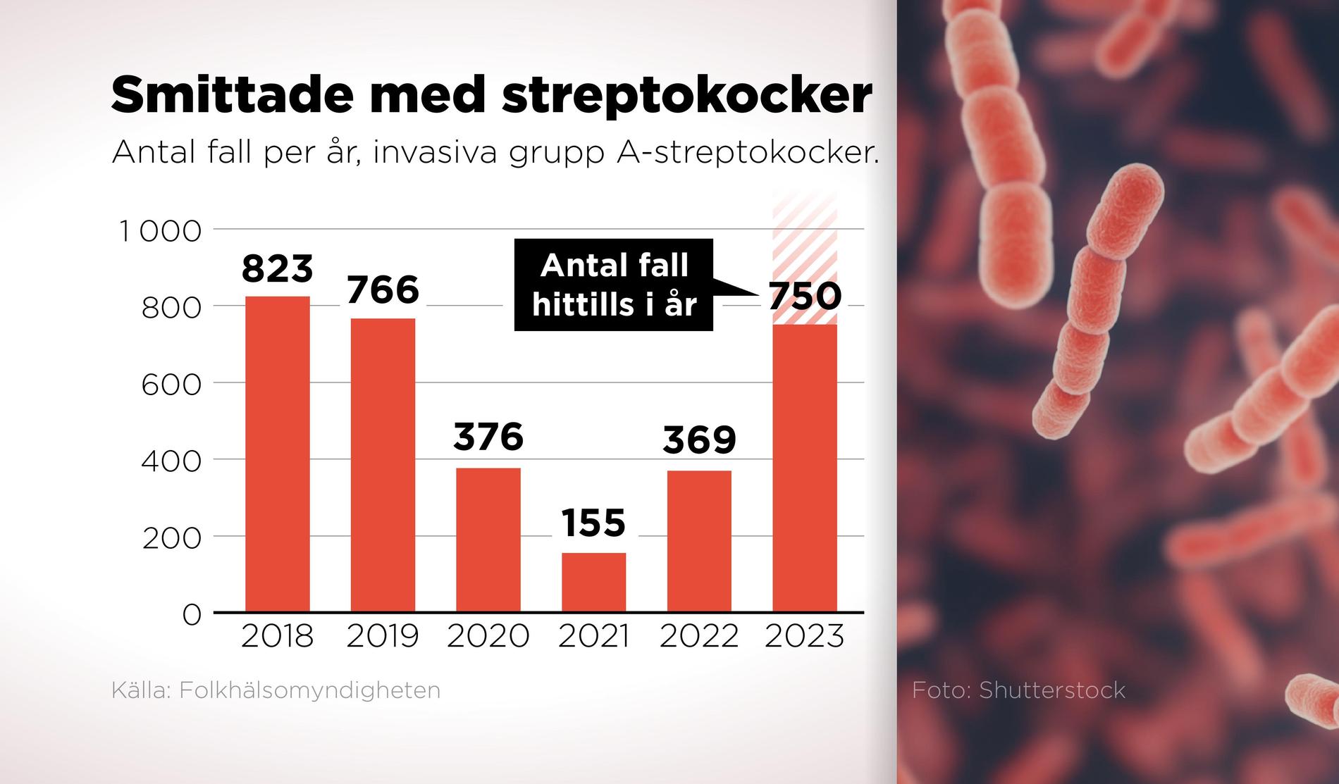 Antal rapporterade fall av invasiva grupp A-streptokocker per år.