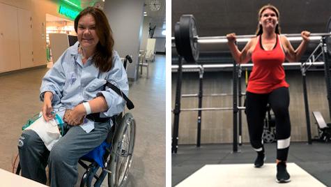 Sofia Taléus i rullstol efter att cancern kom tillbaka. Till höger ser vi en stark och målmedveten Sofia. Hon berättar om hur hon i samband med brockoperationen bestämde sig för att det fick vara nog med jojobantning. Nu skulle hon hålla sig i form – för livet.