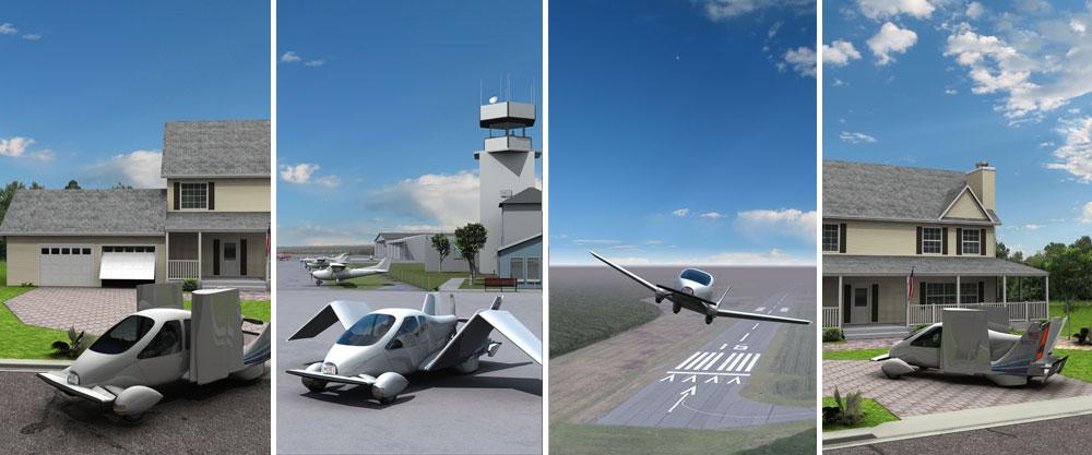 Bil eller flygplan? Transition är en bil som man även kan flyga med, enligt tillverkaren Terrafugia. På bilderna syns tecknade illustrationer som visar hur Transition kan användas.