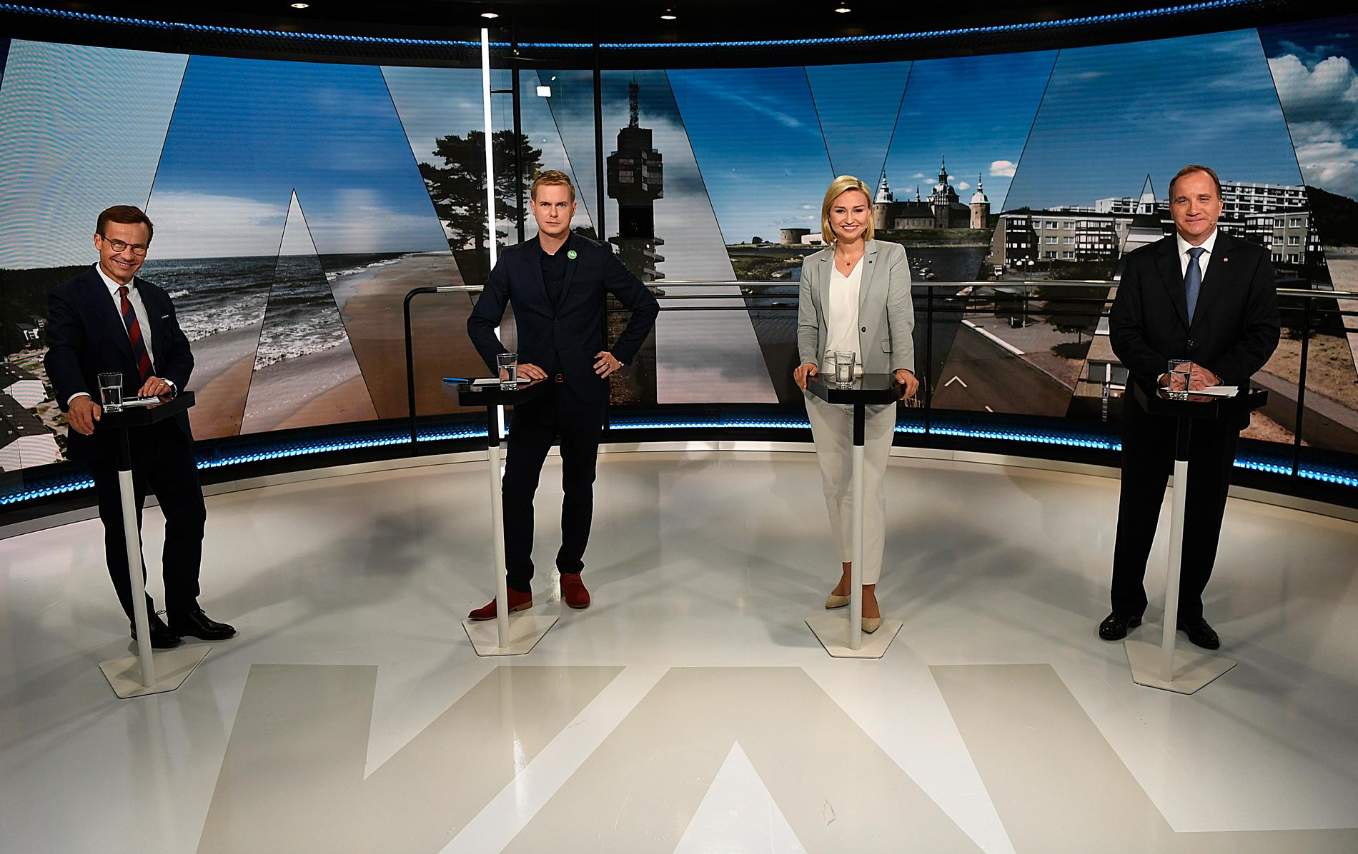 Ulf Kristersson (M), Gustaf Fridolin (MP), Ebba Busch Thor (KD) och statsminister Stefan Löfven (S) frågas just nu ut i TV4.