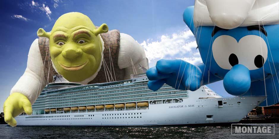 Filmfigurerna tar över kryssningsfartygen. Fartyget på bilden ingår i RCCLs flotta som har samarbete med filmbolaget som distribuerar Shrek. Bilden är ett montage.