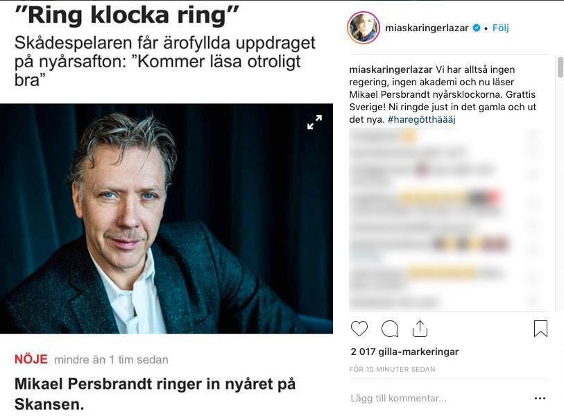 Mia Skäringers kritik mot Mikael Persbrandt på Instagram.