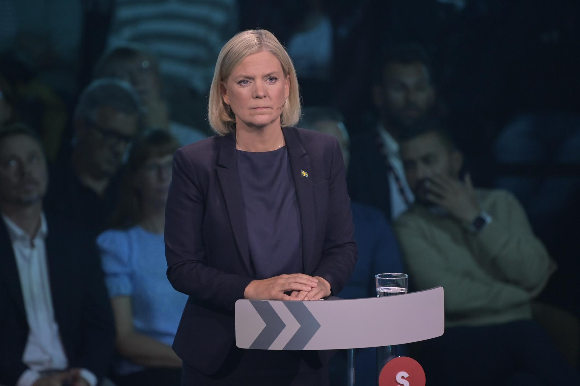 Magdalena Andersson (S) under partiledardebatten i TV4. 