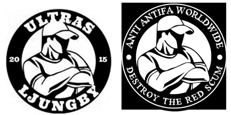 Till vänster: Troja-Ljungbys ultrasgrupps symbol. Till höger: Högerextrema Anti-Antifa.