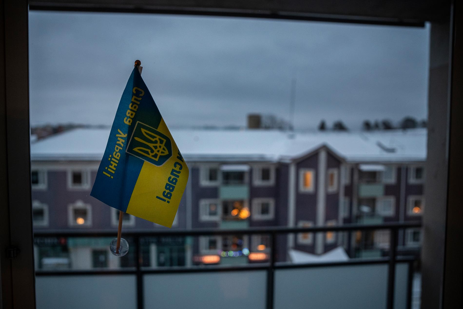 ”Ära åt Ukraina”, står det på flaggan hemma hos familjen i Upplands Väsby.