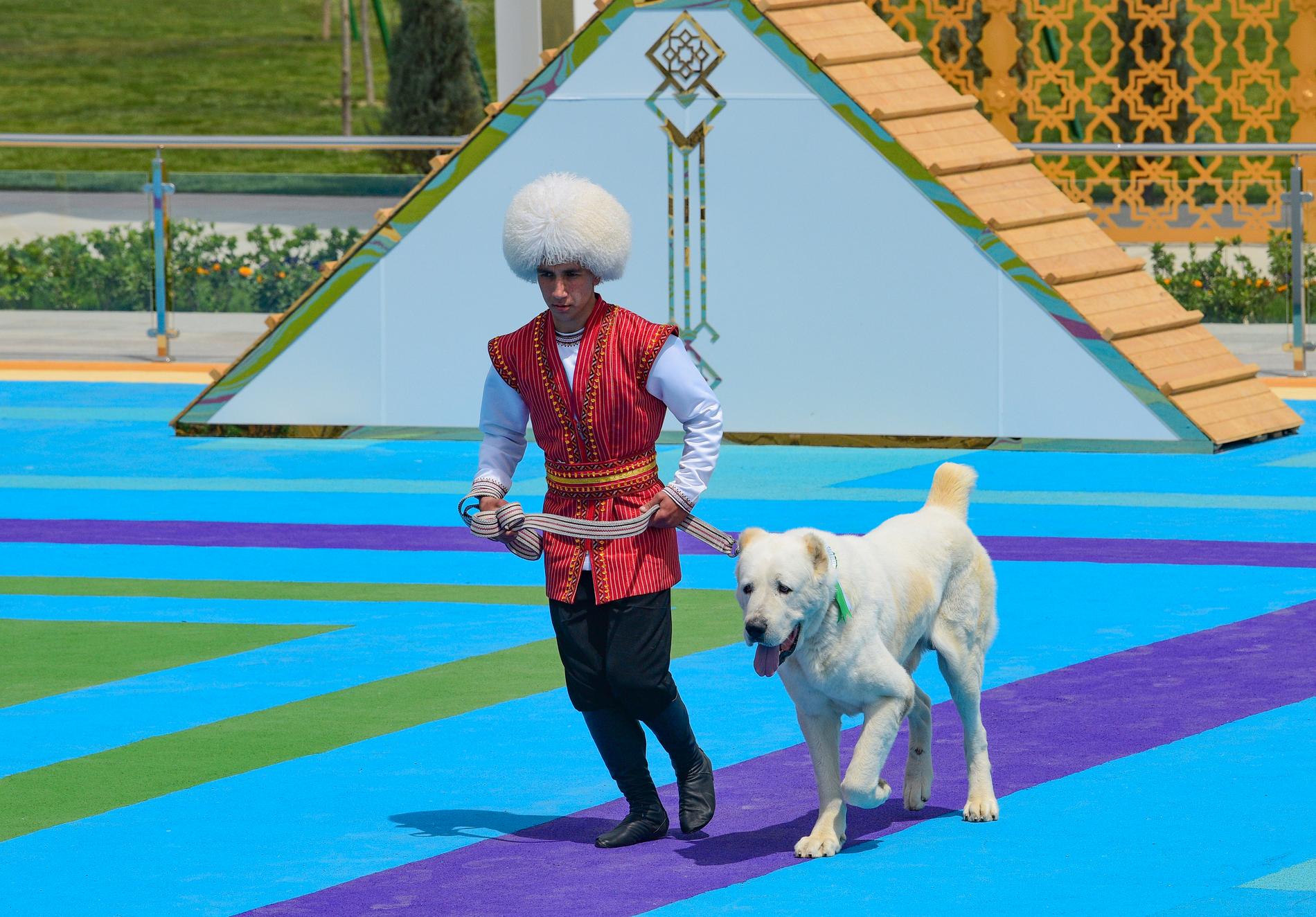 En man i turkmenistansk folkdräkt med en hund av den hyllade rasen alabai under söndagen.