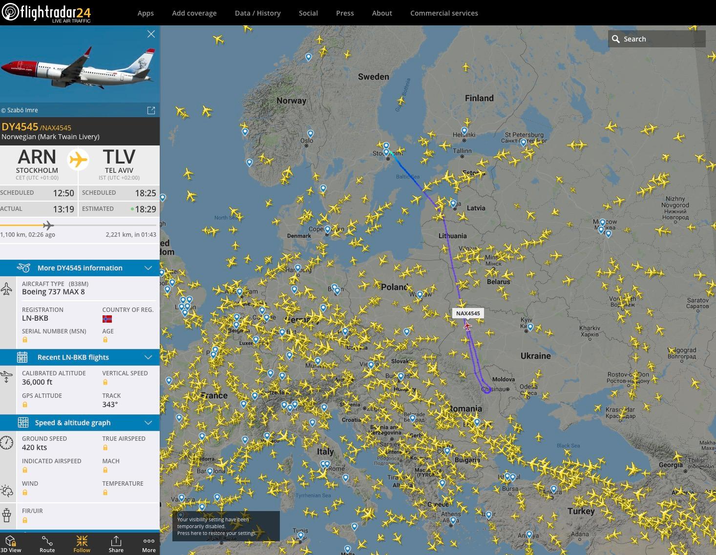 Skärmavbild som visar flygplanet på flightradar24.com.